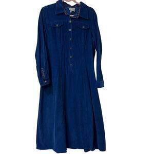 Carol Anderson Vtg Womens Sz 14 Petite Blue Long Slve Corduory Maxi Dress Granny